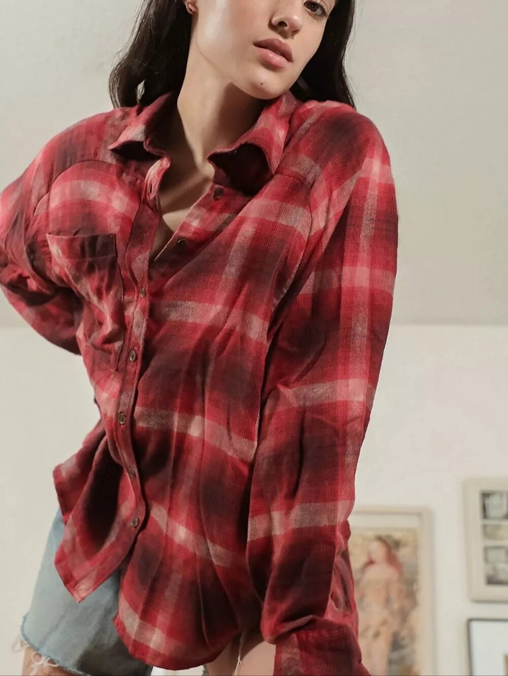 UO BDG Red Plaid Long Sleeve Button-Up Western Rodeo Soft Flannel Shirt M